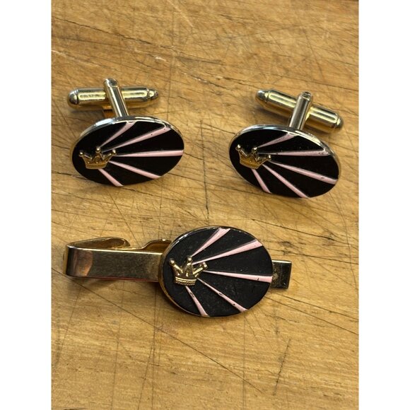 Vintage Gold & Enamel Crown Cufflinks & Tie Clip Set Black & Pink Design Mens Fo - Picture 5 of 6